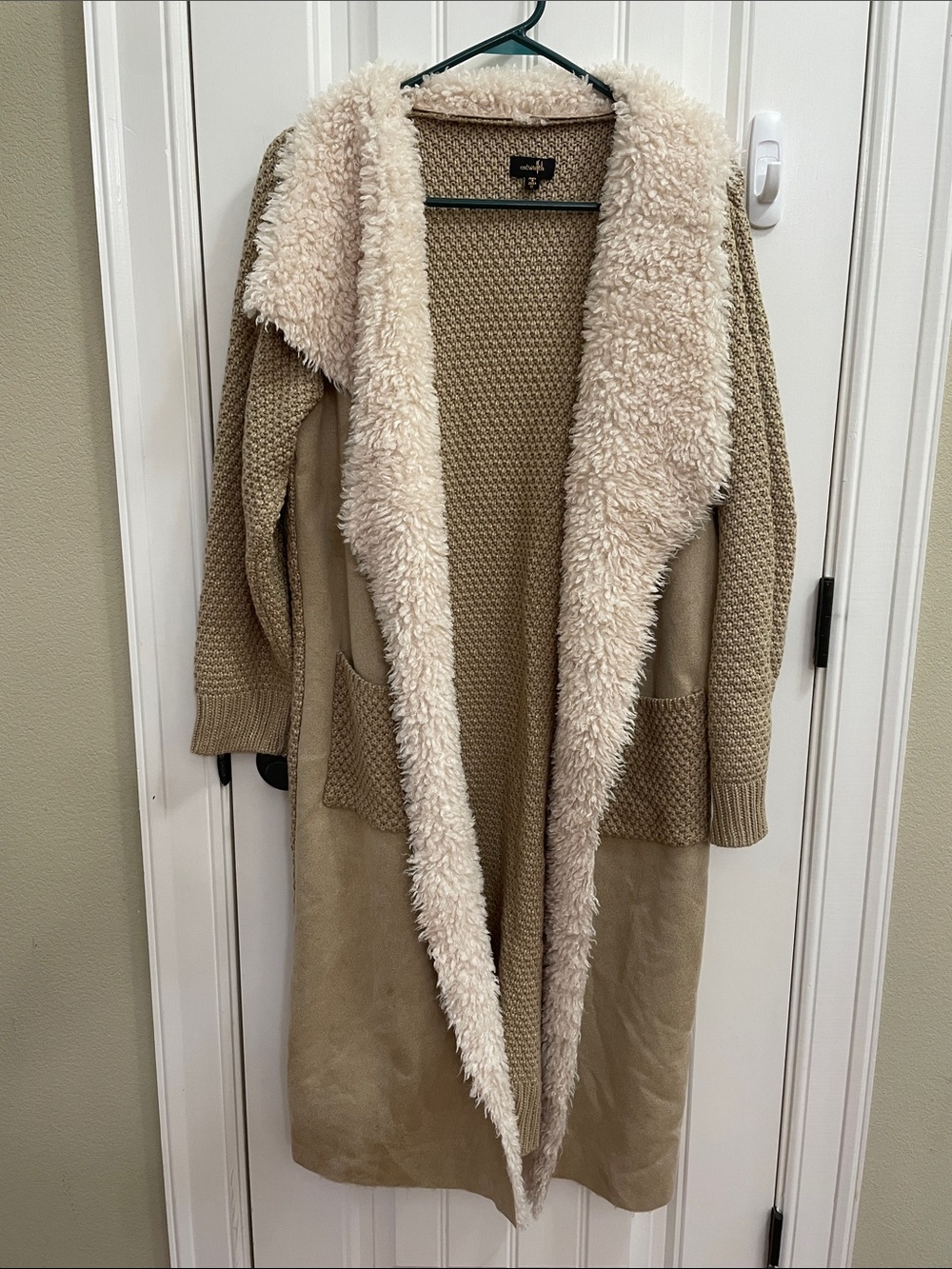 Faux suede and sweater Open Front Cardigan with sherpa look collar trim